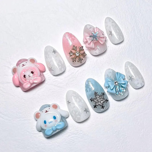 Melody Cinnamoroll Merryland Press On Nails, Cute 3D Bear Nail Set With Snowflake & Bow Charms, Kawaii Winter Nails