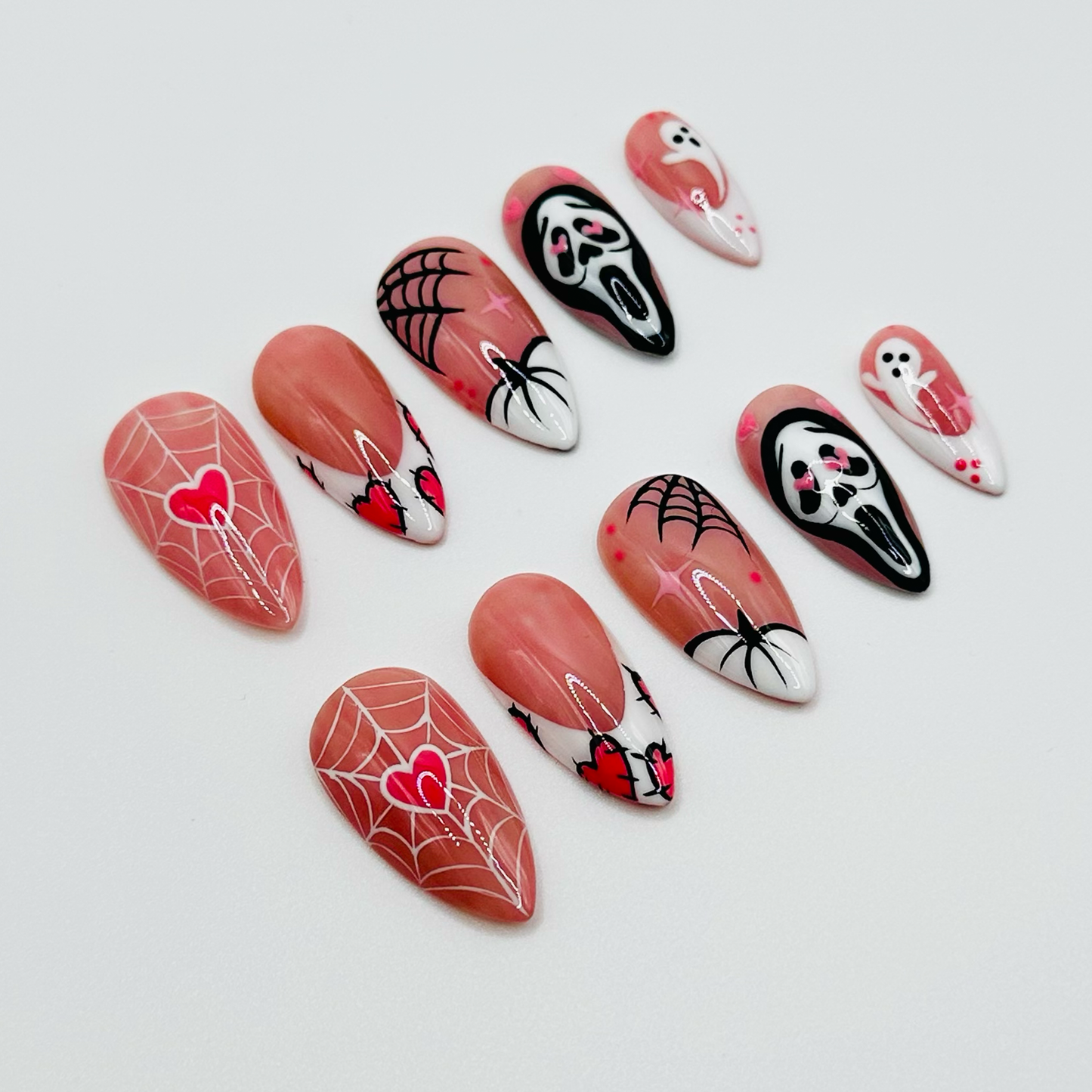 Pink Halloween Press On Nails, Long Square Scream Ghost Nails with Spider Web & Ghost Design, Cute Spooky Acrylic Nail Art