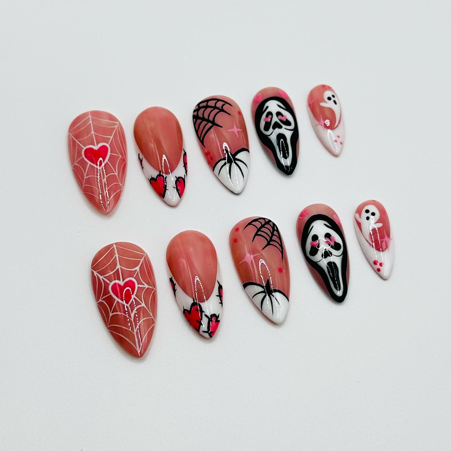 Pink Halloween Press On Nails, Long Square Scream Ghost Nails with Spider Web & Ghost Design, Cute Spooky Acrylic Nail Art