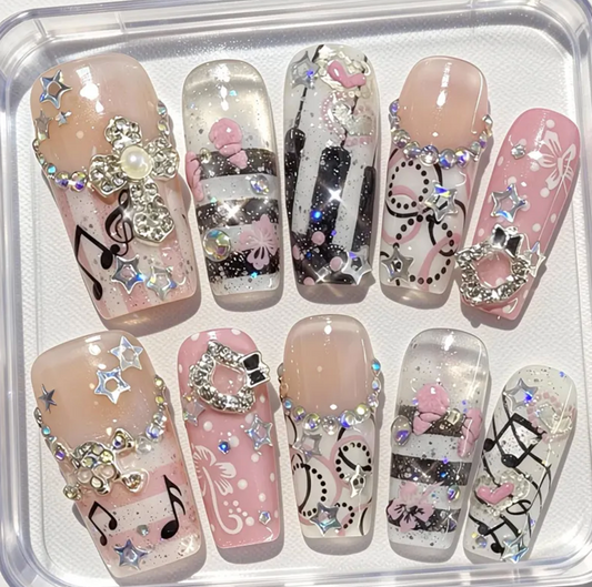 Pink Music Note Press On Nails, 3D Monogram Kawaii Fake Nails, Black and White Stripe Decoden Set, Sweet E-Girl Crystal Nail Art