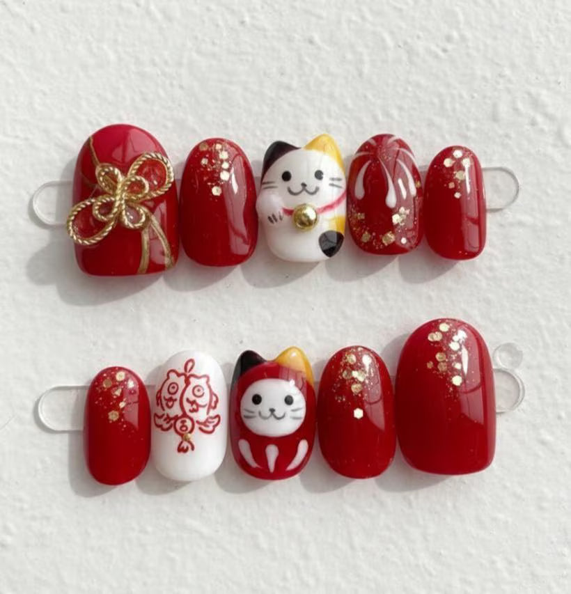 Lunar New Year Press On Nails | 3D Cat & Daruma Art