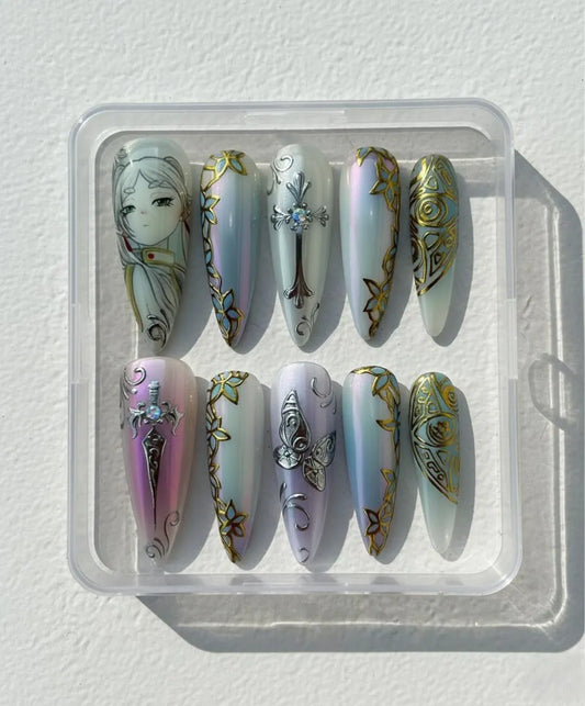 Frieren Anime Press On Nails, Hand Painted Chrome Gel Nail Art