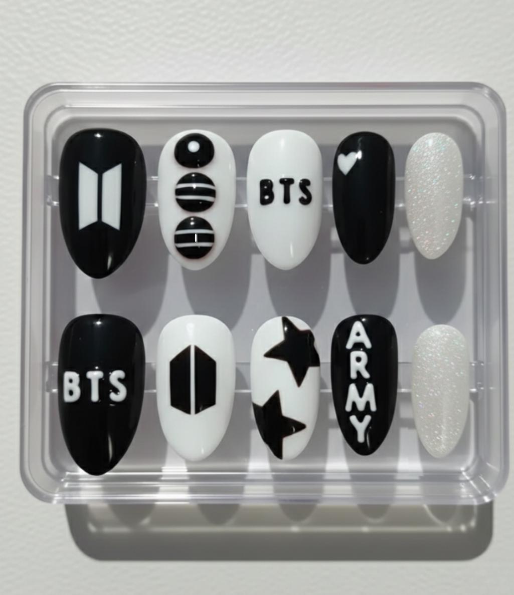BTS 2026 World Tour Inspired Press On Nails | Arirang New Album | Black Nails ARMY Fandom Gift | Hand Painted 3D BTS Logo Nails