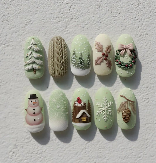 Simple Christmas nails with 3D wreath and holly leaf art