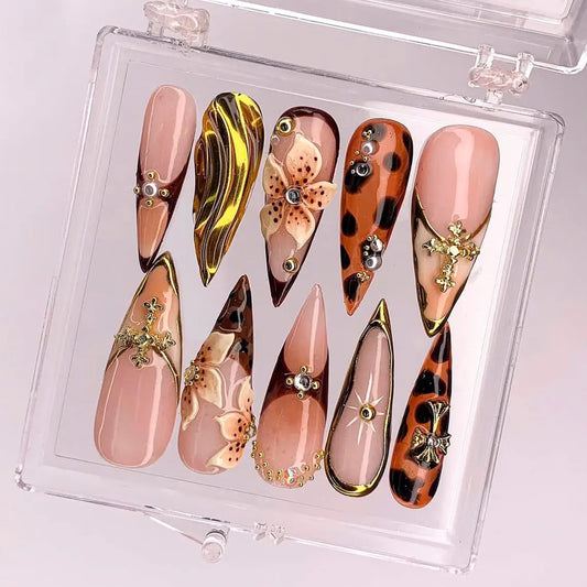 Floral Leopard Stiletto Press On Nails, Gold Chrome, 3D Flowers
