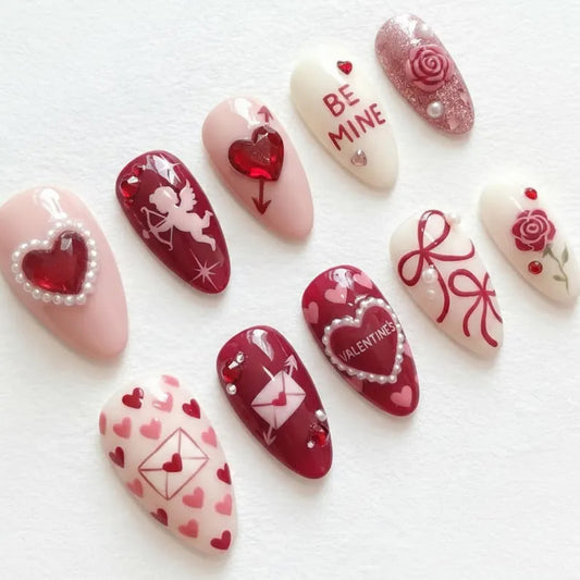 Valentine Press On Nails, Cupid Charms, Pearl Heart, Handmade