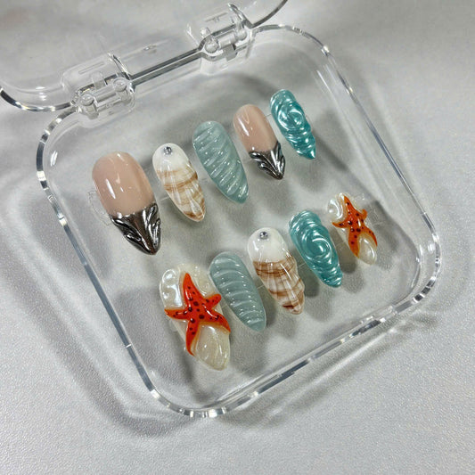 Ocean Shell Press On Nails, 3D Starfish Nail Art, Beachy Summer Nails, Glossy Seashell Texture