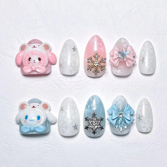 Melody Cinnamoroll Merryland Press On Nails, Cute 3D Bear Nail Set With Snowflake & Bow Charms, Kawaii Winter Nails