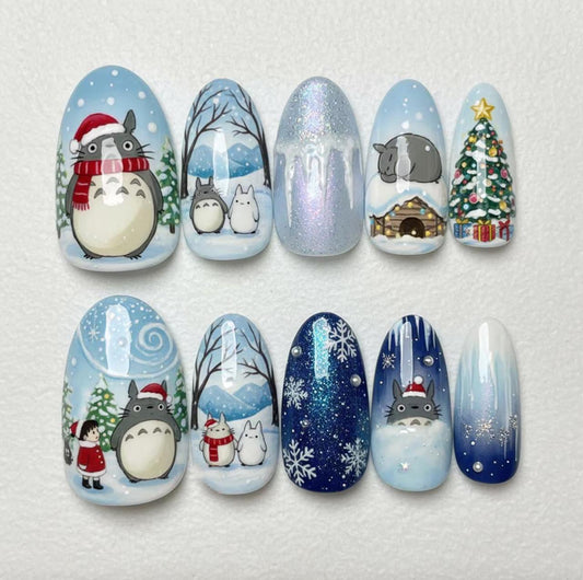 Christmas Inspired Totoro Press On Nails | Kawaii 3D Holiday Nail Art - Winter Wonderland Nails