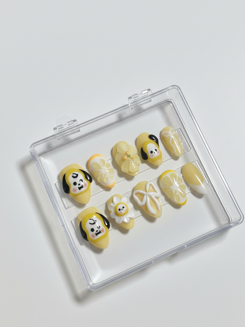 BTS Jimin Chimmy Press-On Nails, Lemon Summer, Handmade K-Pop Nails