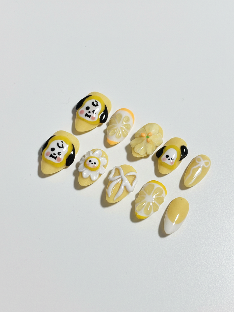 BTS Jimin Chimmy Press-On Nails, Lemon Summer, Handmade K-Pop Nails