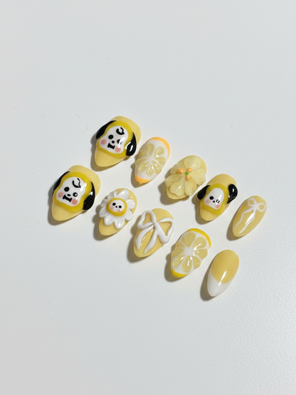 BTS Jimin Chimmy Press-On Nails, Lemon Summer, Handmade K-Pop Nails