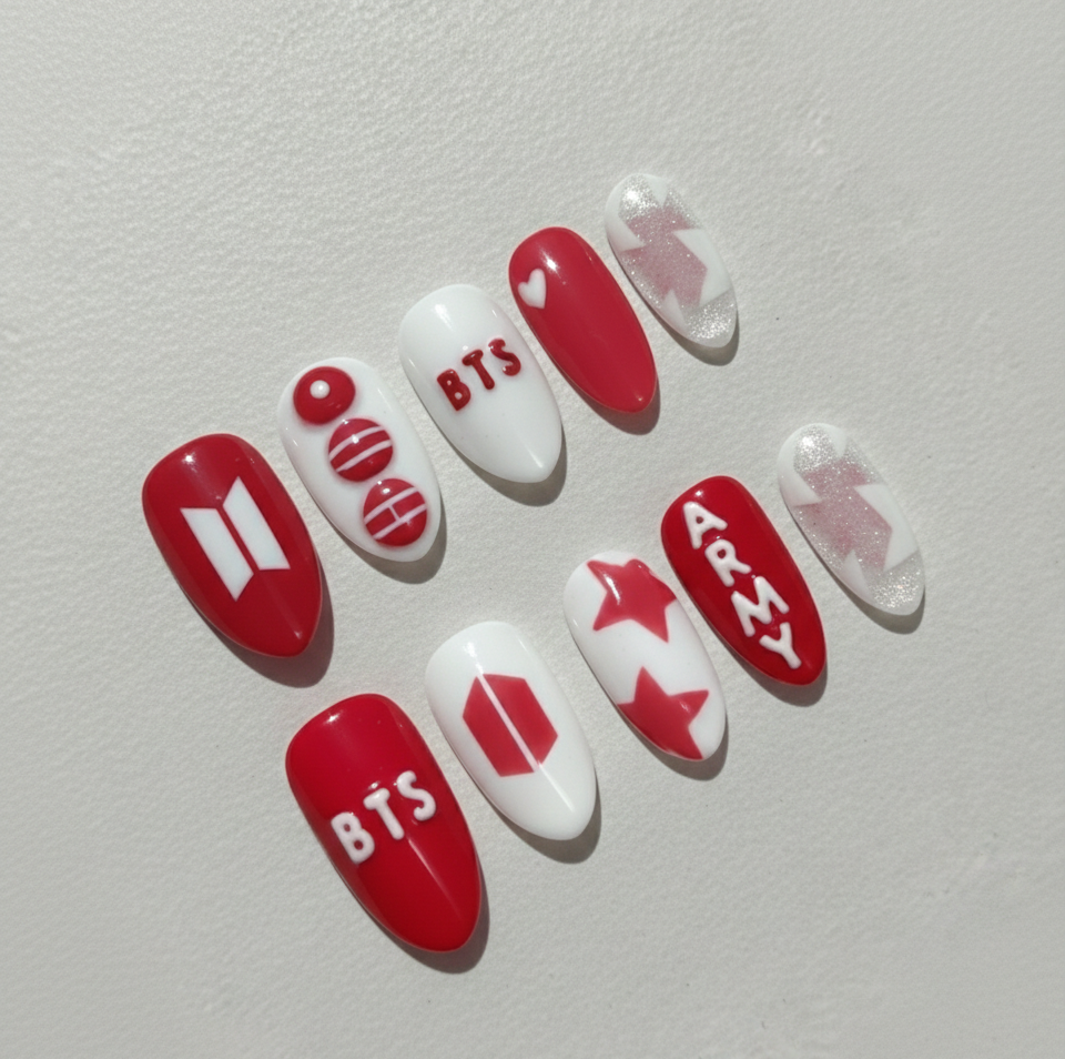 BTS 2026 World Tour Press On Nails | Arirang New Album | Red and White ARMY Fandom Gift | Hand Painted 3D BTS Logo Nails