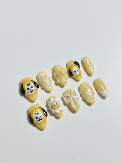 BTS Jimin Chimmy Press-On Nails, Lemon Summer, Handmade K-Pop Nails