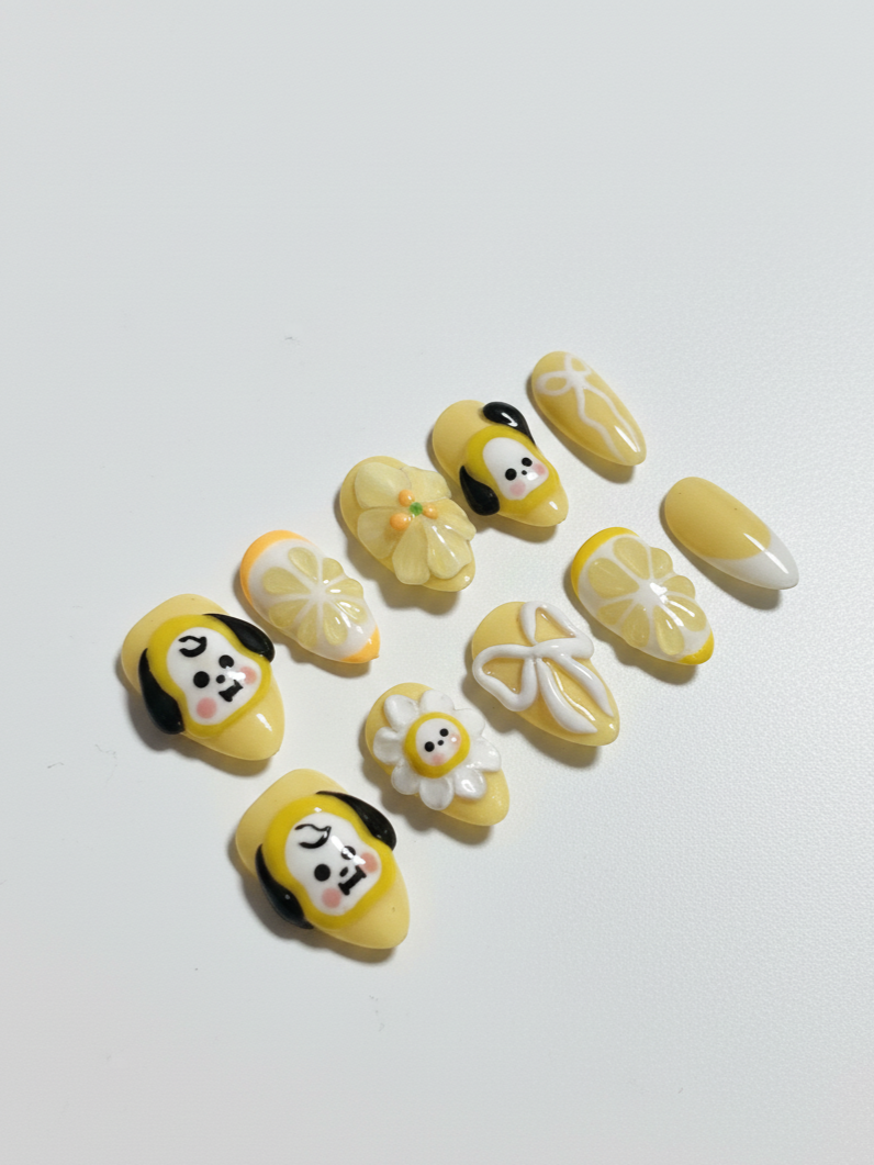 BTS Jimin Chimmy Press-On Nails, Lemon Summer, Handmade K-Pop Nails