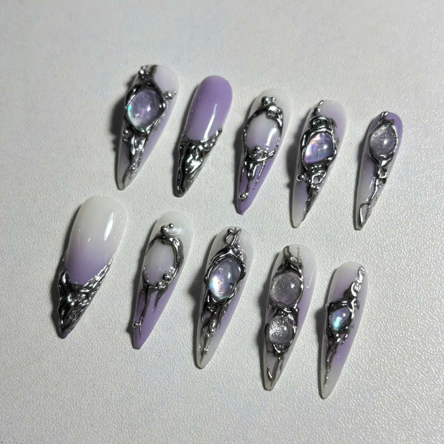 Iridescent Galaxy Press On Nails with 3D Crystals & Metal Frames