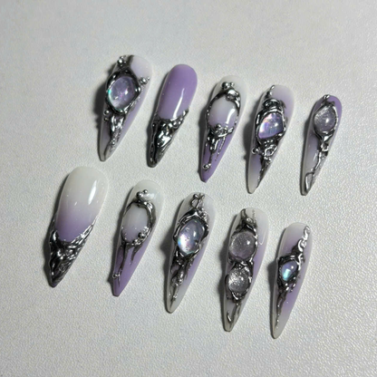 Iridescent Galaxy Press On Nails with 3D Crystals & Metal Frames
