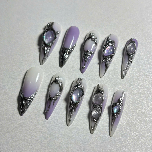 Iridescent Galaxy Press On Nails with 3D Crystals & Metal Frames