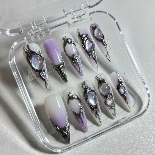 Iridescent Galaxy Press On Nails with 3D Crystals & Metal Frames