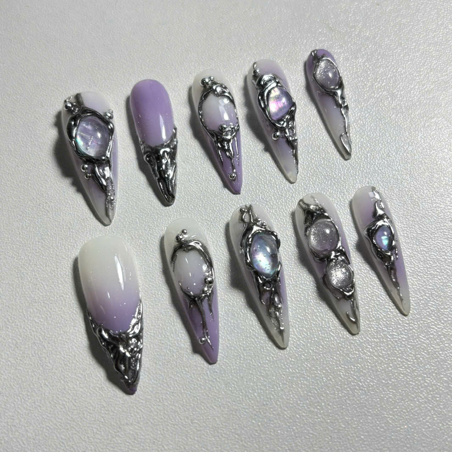 Iridescent Galaxy Press On Nails with 3D Crystals & Metal Frames