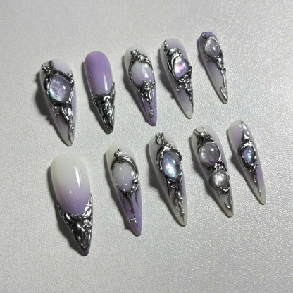 Iridescent Galaxy Press On Nails with 3D Crystals & Metal Frames