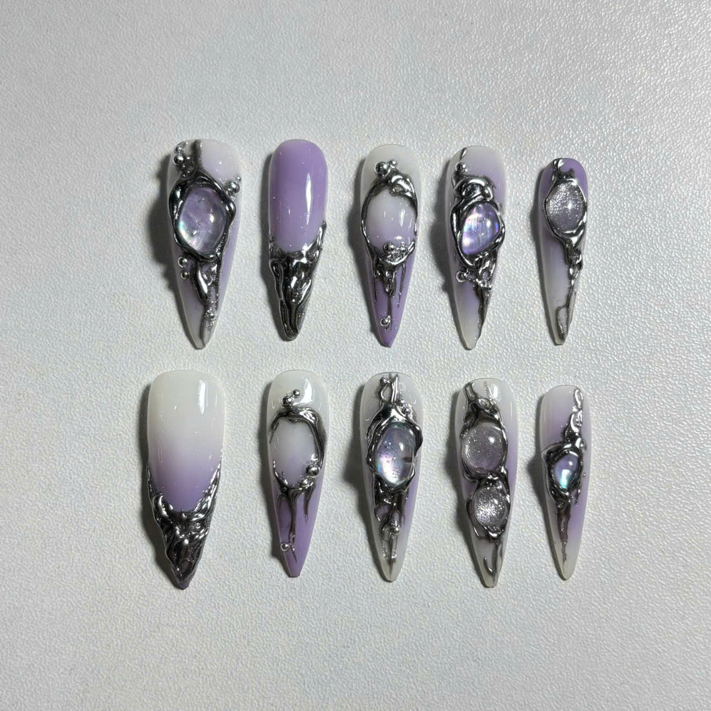 Iridescent Galaxy Press On Nails with 3D Crystals & Metal Frames