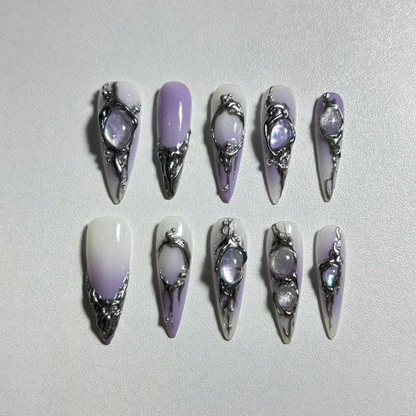 Iridescent Galaxy Press On Nails with 3D Crystals & Metal Frames