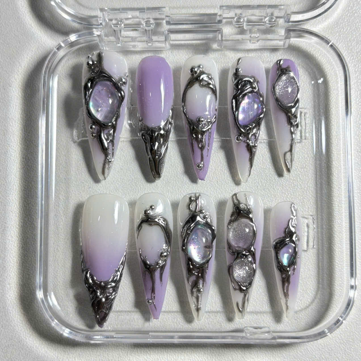 Iridescent Galaxy Press On Nails with 3D Crystals & Metal Frames