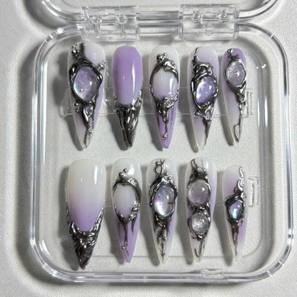 Iridescent Galaxy Press On Nails with 3D Crystals & Metal Frames