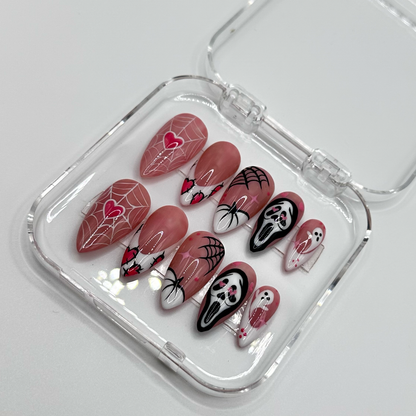 Pink Halloween Press On Nails, Long Square Scream Ghost Nails with Spider Web & Ghost Design, Cute Spooky Acrylic Nail Art