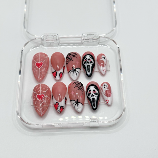 Pink Halloween Press On Nails, Long Square Scream Ghost Nails with Spider Web & Ghost Design, Cute Spooky Acrylic Nail Art
