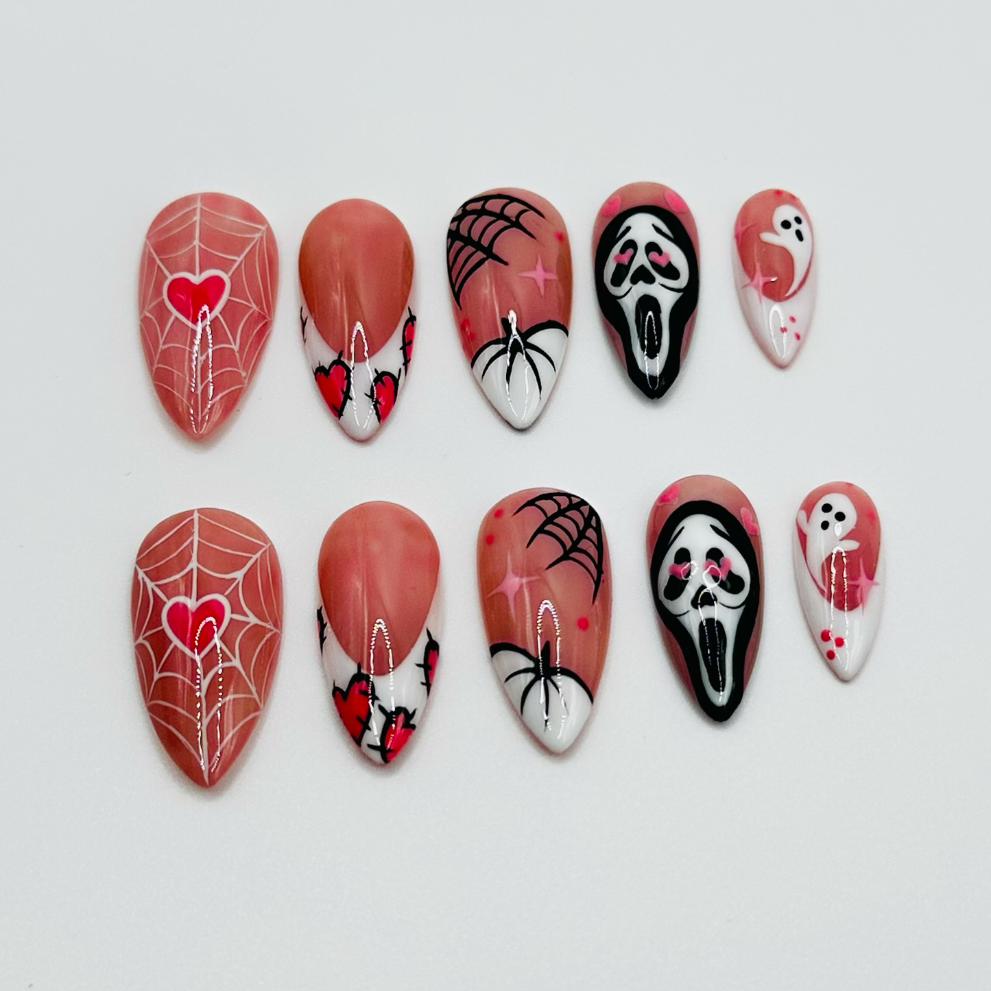 Pink Halloween Press On Nails, Long Square Scream Ghost Nails with Spider Web & Ghost Design, Cute Spooky Acrylic Nail Art