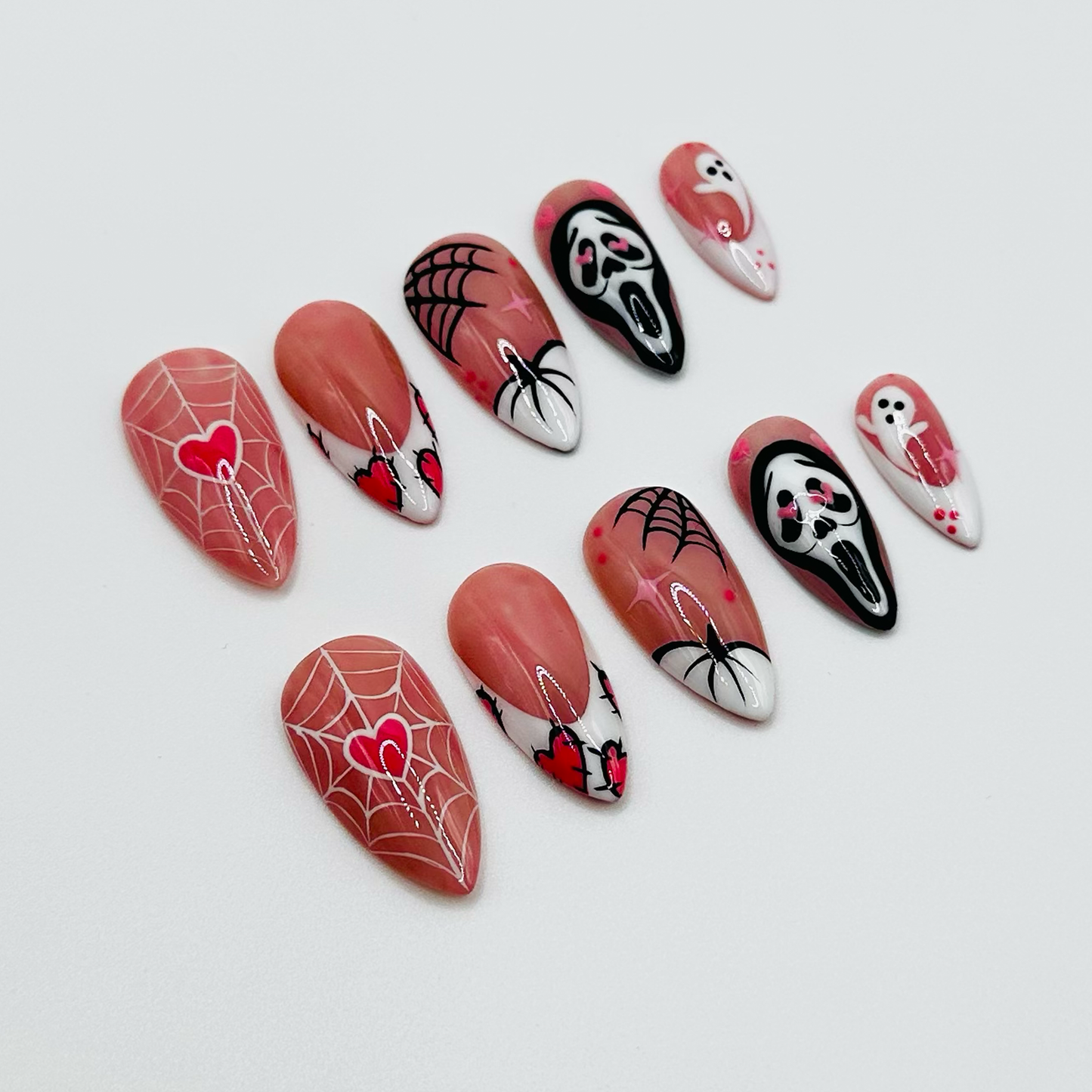 Pink Halloween Press On Nails, Long Square Scream Ghost Nails with Spider Web & Ghost Design, Cute Spooky Acrylic Nail Art