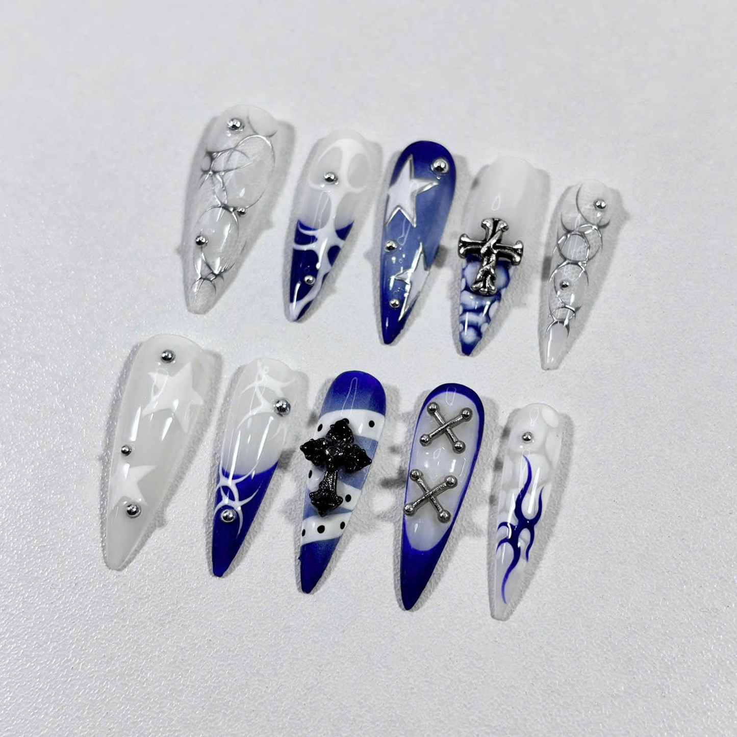 Gothic Punk Press On Nails with 3D Cross, Chains & Blue Flame Art