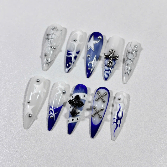 Gothic Punk Press On Nails with 3D Cross, Chains & Blue Flame Art