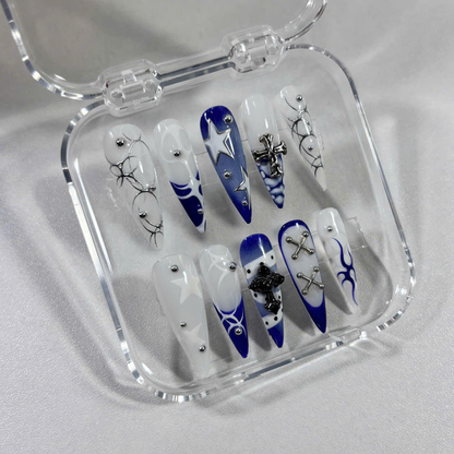 Gothic Punk Press On Nails with 3D Cross, Chains & Blue Flame Art
