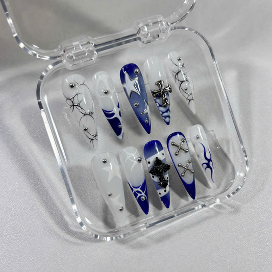 Gothic Punk Press On Nails with 3D Cross, Chains & Blue Flame Art