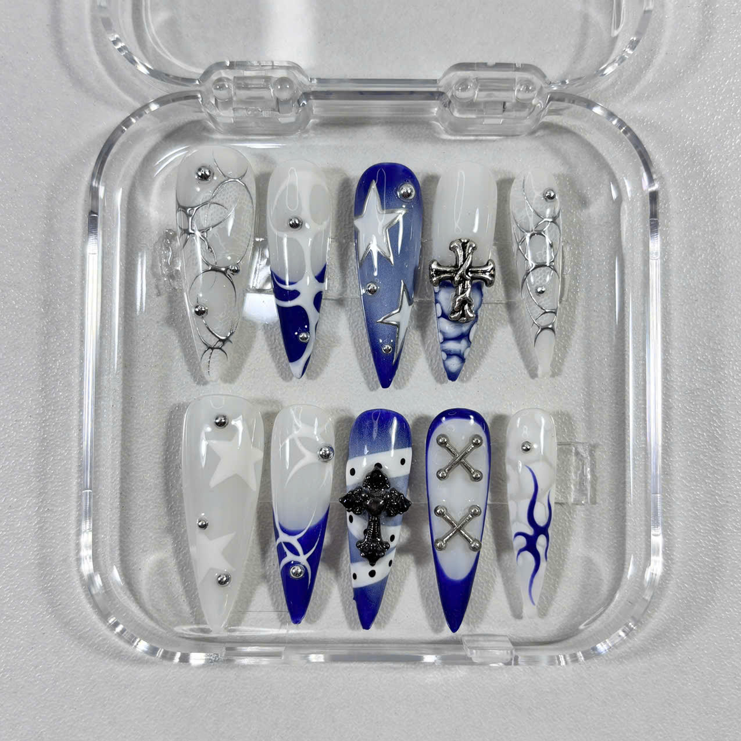 Gothic Punk Press On Nails with 3D Cross, Chains & Blue Flame Art