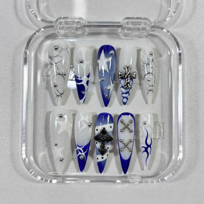 Gothic Punk Press On Nails with 3D Cross, Chains & Blue Flame Art