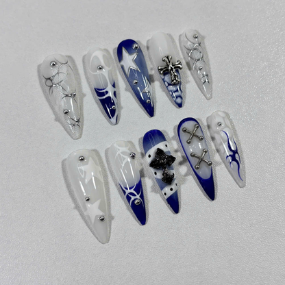 Gothic Punk Press On Nails with 3D Cross, Chains & Blue Flame Art