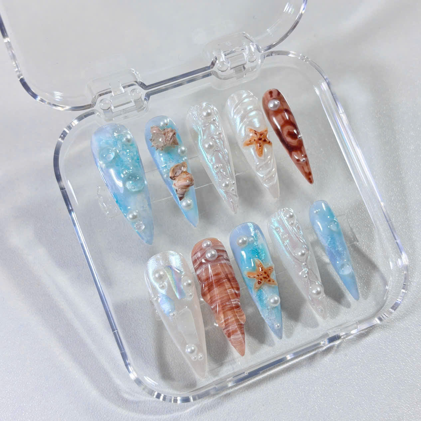 Ocean Pearl Press On Nails with 3D Starfish, Shell & Jelly Waves