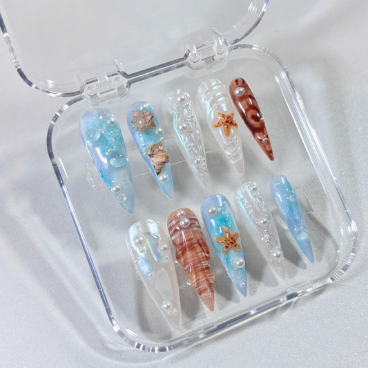 Ocean Pearl Press On Nails with 3D Starfish, Shell & Jelly Waves