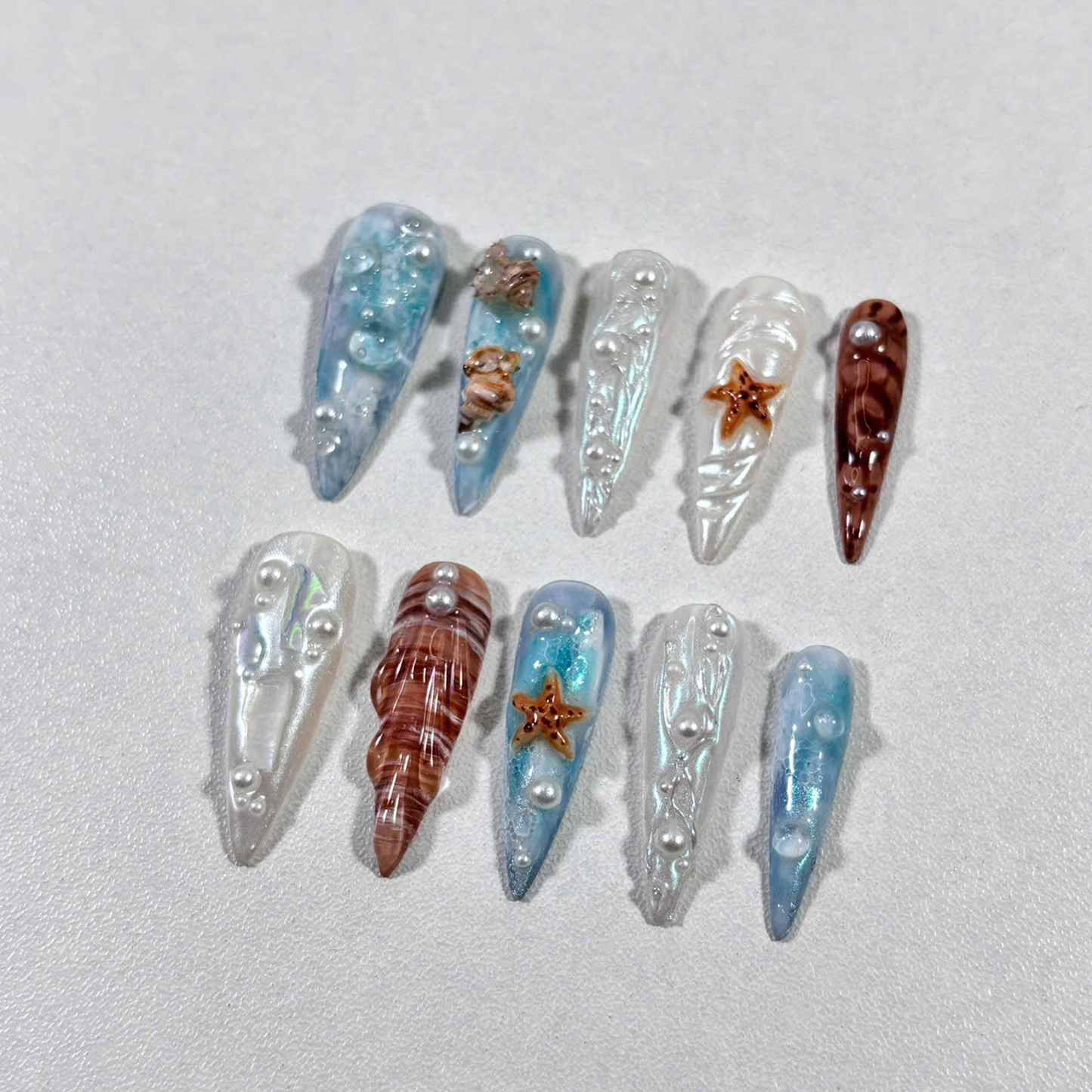Ocean Pearl Press On Nails with 3D Starfish, Shell & Jelly Waves