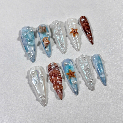 Ocean Pearl Press On Nails with 3D Starfish, Shell & Jelly Waves