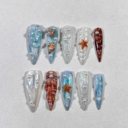 Ocean Pearl Press On Nails with 3D Starfish, Shell & Jelly Waves