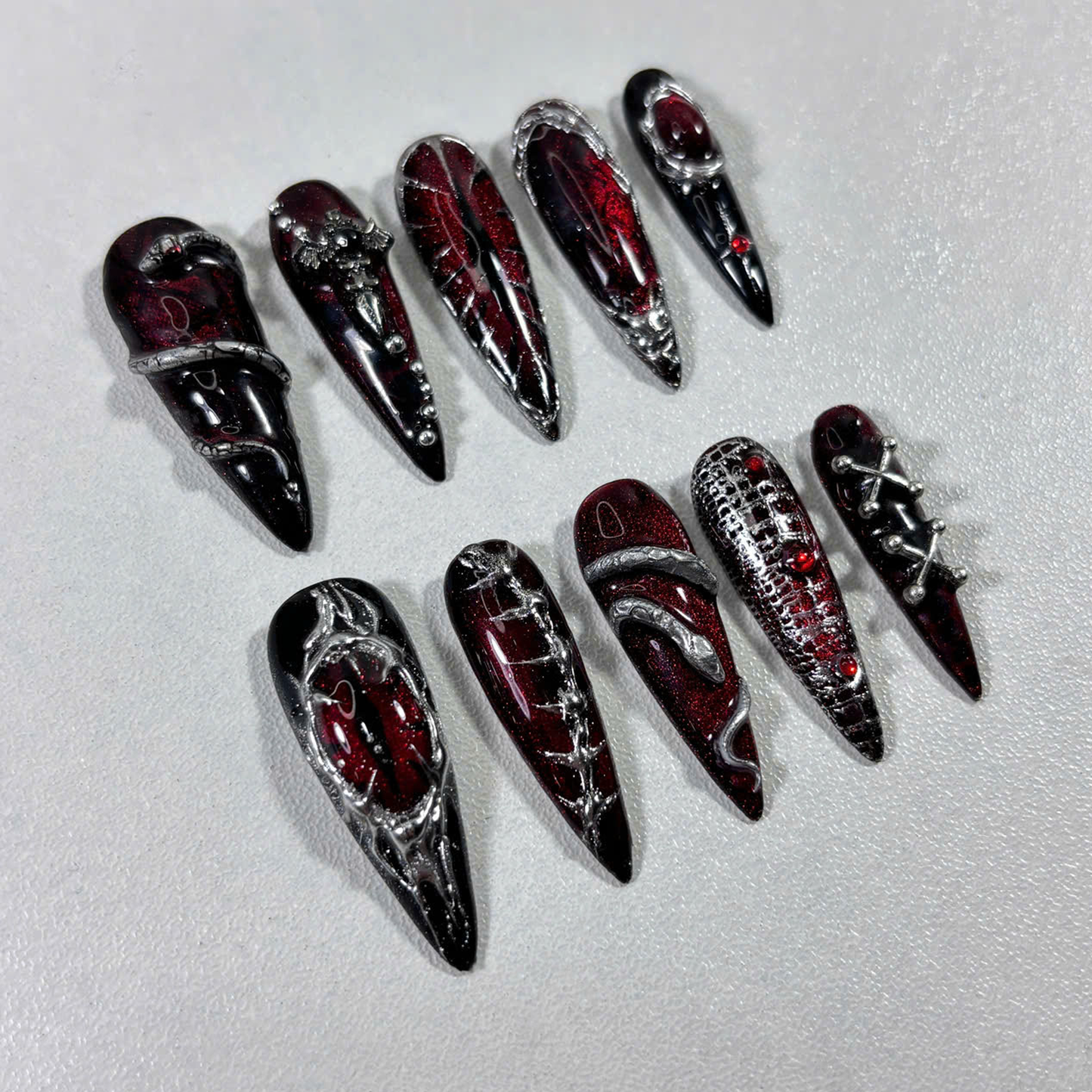 Gothic Chrome Press On Nails with 3D Chains, Studs & Claws