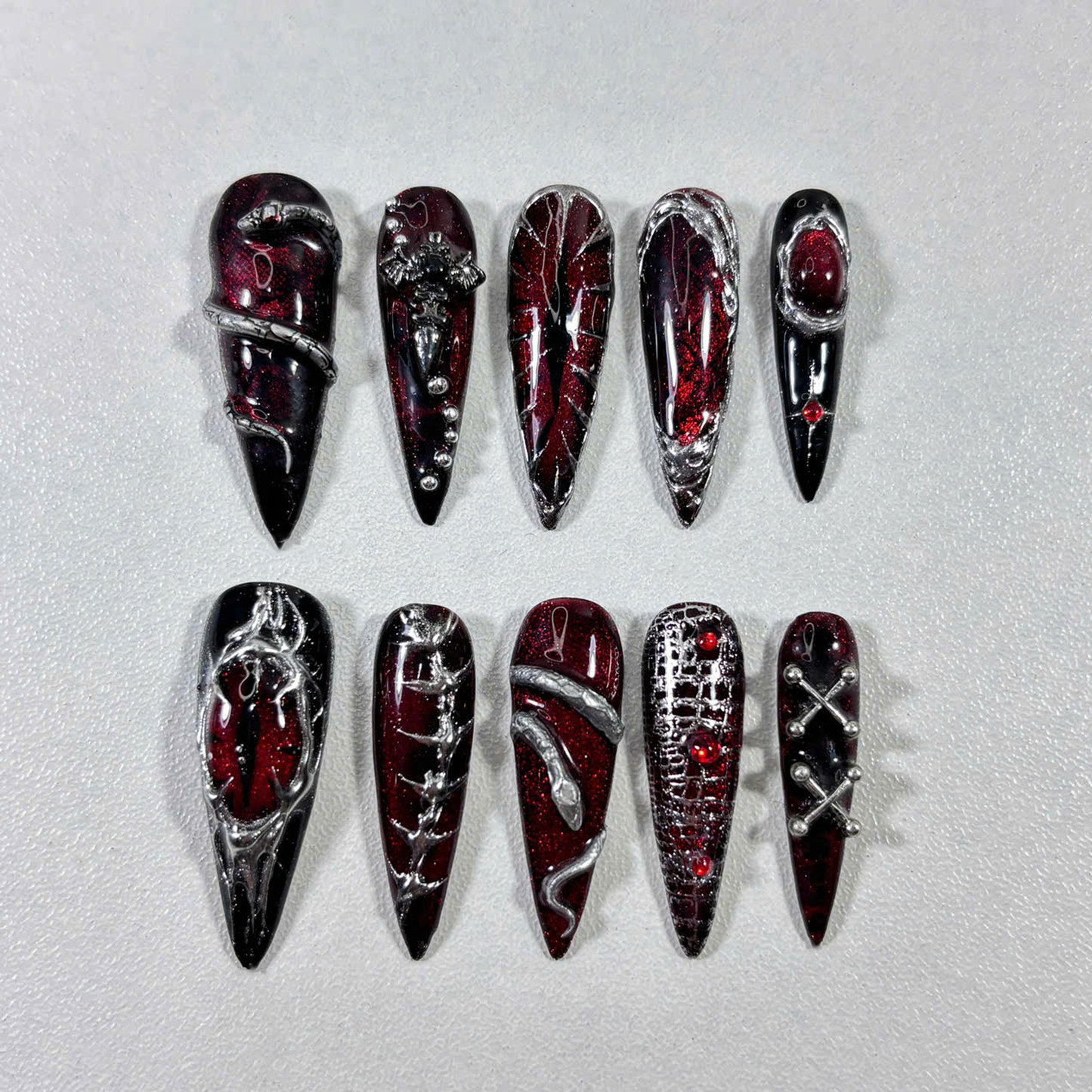 Gothic Chrome Press On Nails with 3D Chains, Studs & Claws