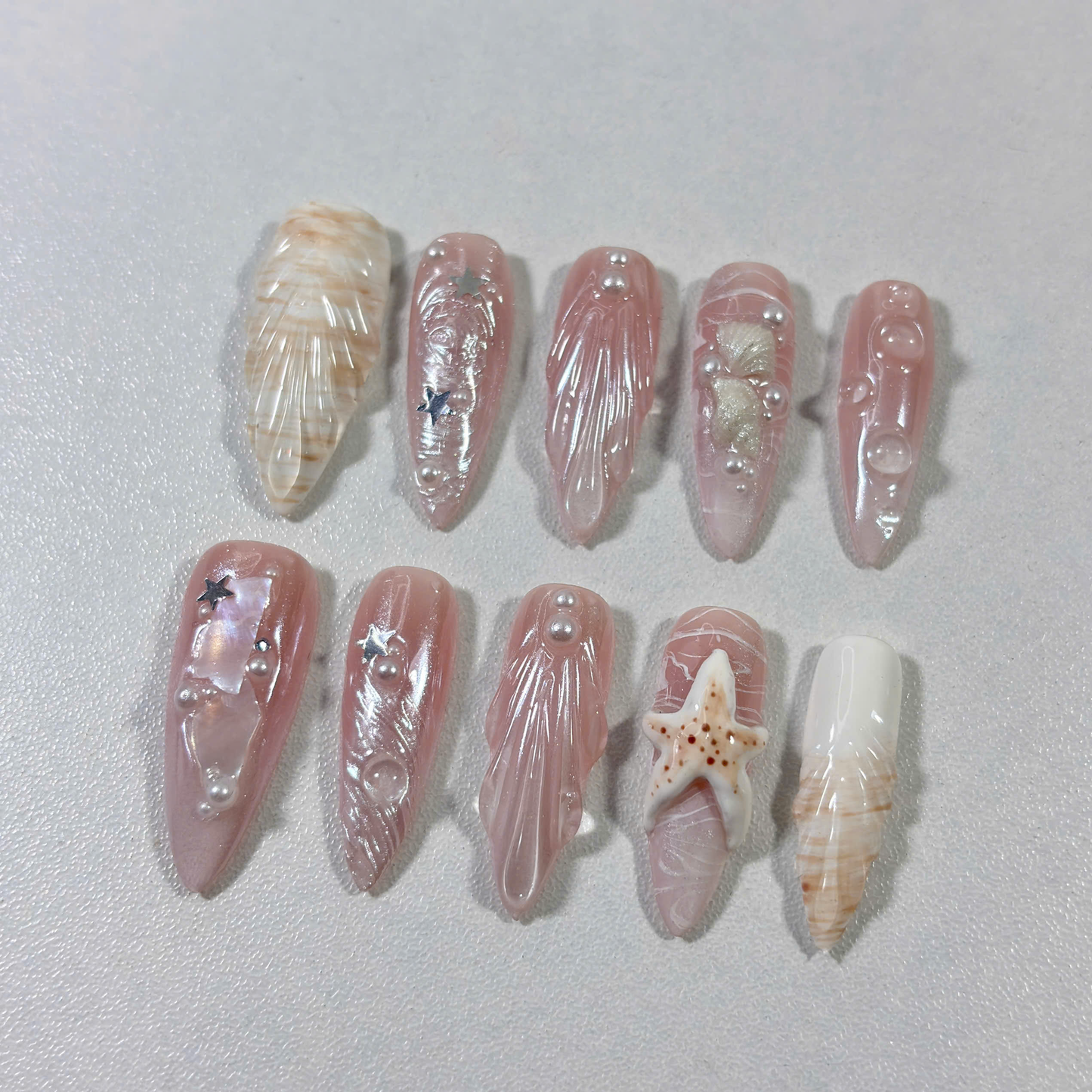 Seashell Nude Press On Nails with 3D Pearls, Starfish & Jelly Shine
