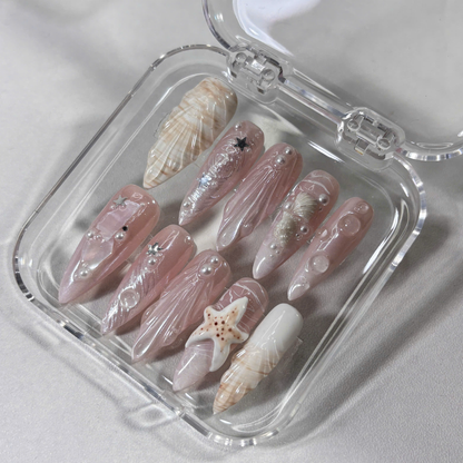 Seashell Nude Press On Nails with 3D Pearls, Starfish & Jelly Shine
