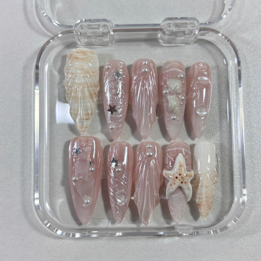 Seashell Nude Press On Nails with 3D Pearls, Starfish & Jelly Shine